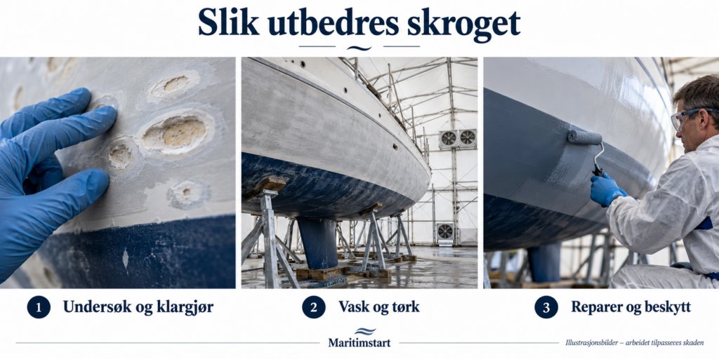 Tidligere Maritimstart-illustrasjon av skadeområde, båt på land og overflatebehandling