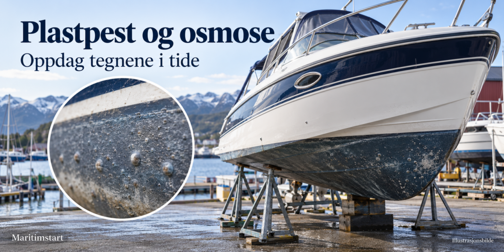 Tidligere illustrasjon fra Maritimstart av båt på land og forstørrede blærer under vannlinjen