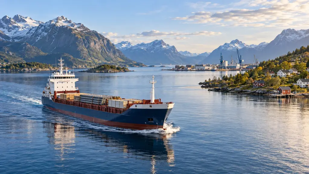 KI-illustrasjon av moderne lasteskip i fjordlandskap