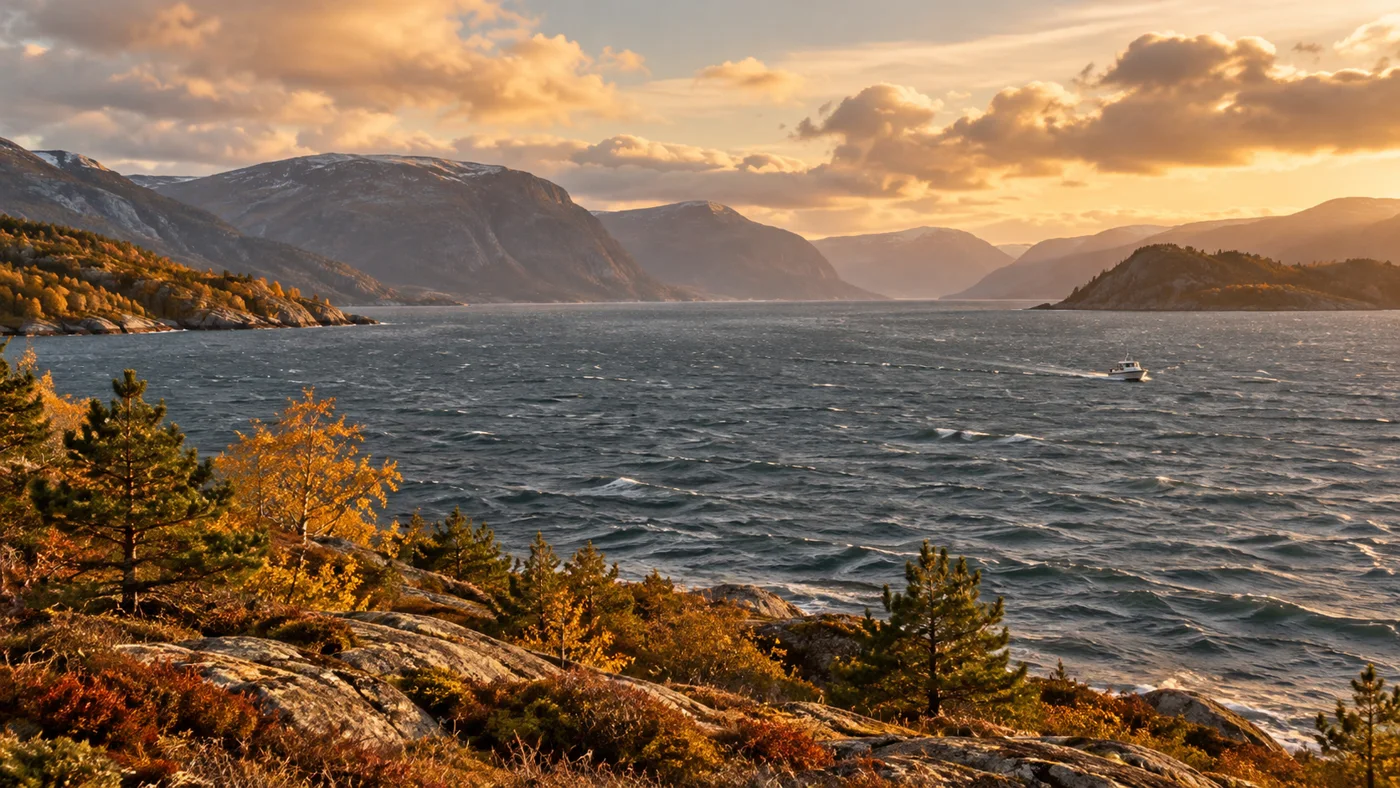 KI-illustrasjon av vindpreget sjø ved en norsk fjord i varmt høstlys
