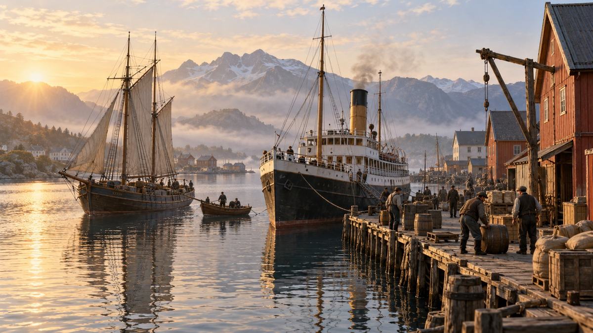 Egen illustrasjon av seilskip, dampskip og havnearbeid i et tenkt nordisk havnemiljø omkring 1900