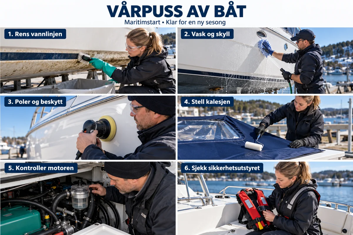 Illustrert utførelse av rens, vask, polering, kalesjestell, motorkontroll og kontroll av sikkerhetsutstyr