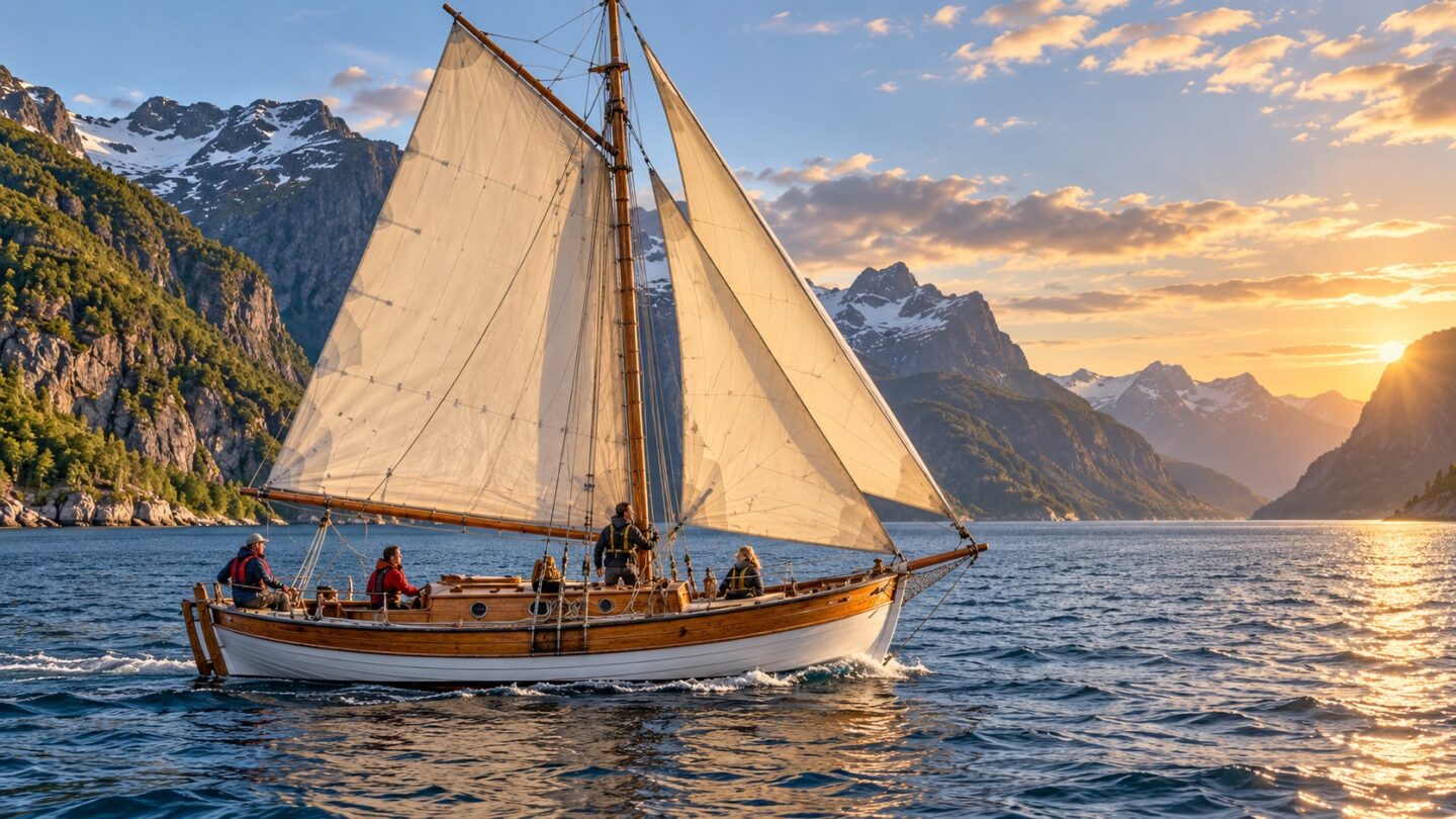 Seilskøyte i en norsk fjord – tidligere KI-illustrasjon fra Maritimstart