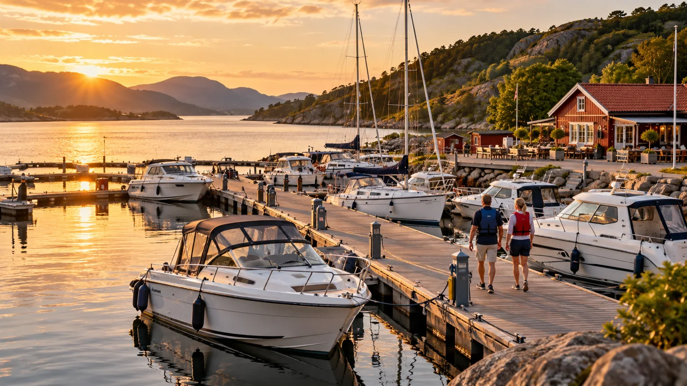 Illustrasjon av seilbåter og motorbåter i en marina i varmt kveldslys