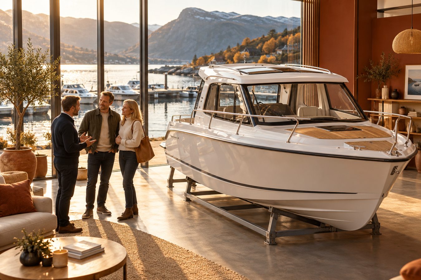 Motorbåt og kunder i et varmt belyst showroom ved en norsk fjord