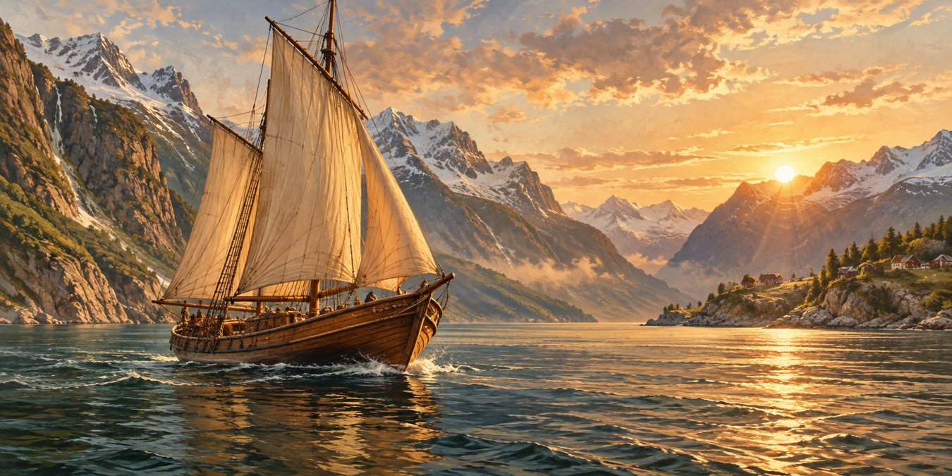 Tradisjonelt seilfartøy på en norsk fjord i varmt kveldslys