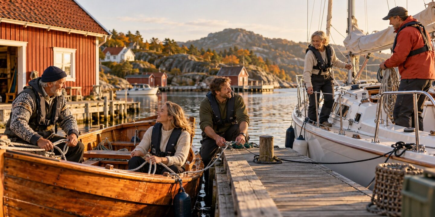 KI-illustrasjon av båtfolk som deler kunnskap mellom en trebåt og en moderne seilbåt i en lun norsk havn.