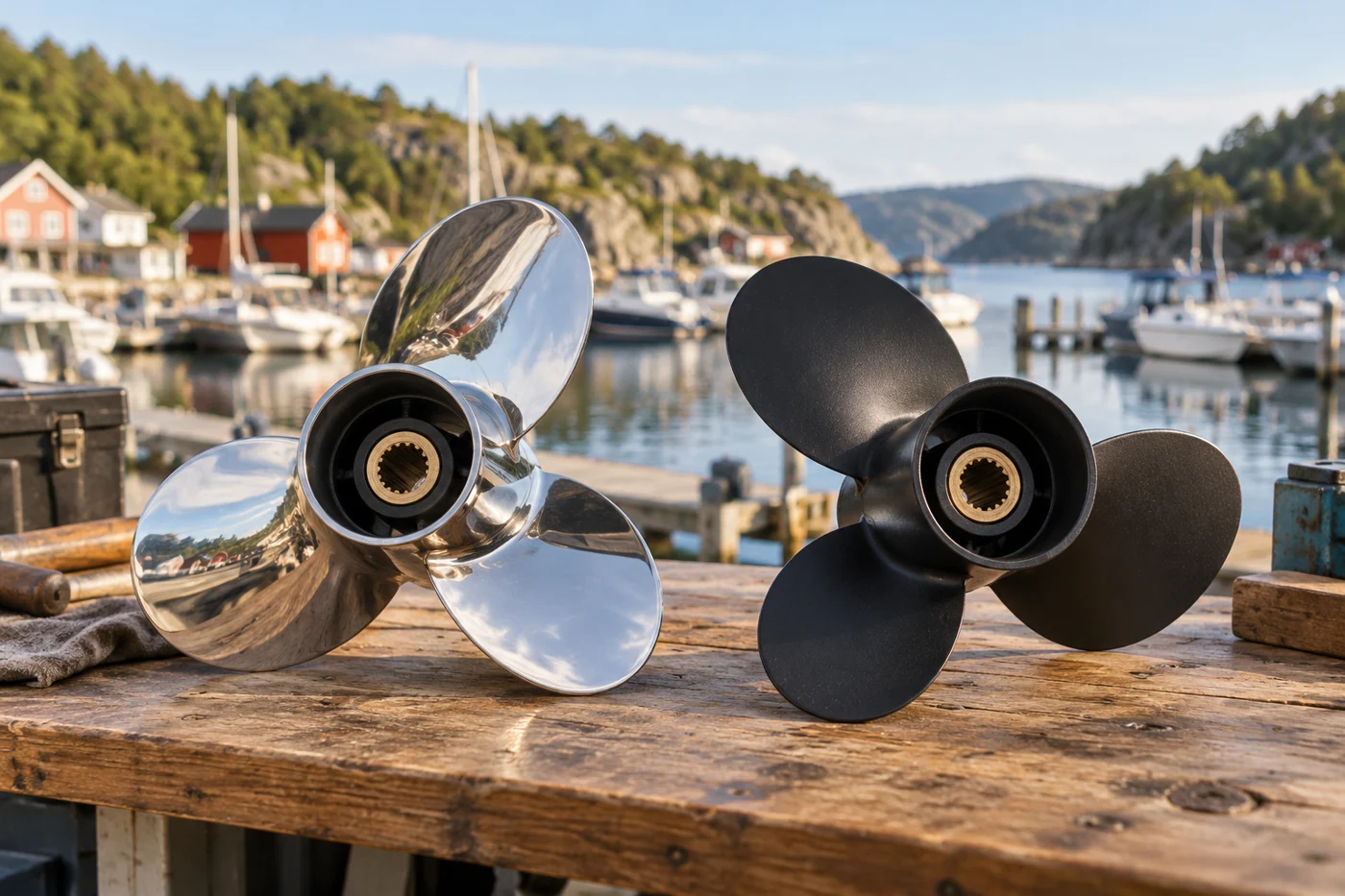 Ny KI-illustrasjon av propeller i rustfritt stål og aluminium