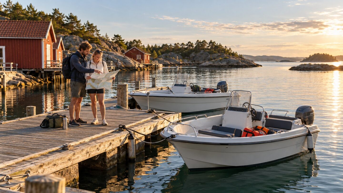 Fortøyde motorbåter ved en brygge i et fiktivt norsk kystmiljø