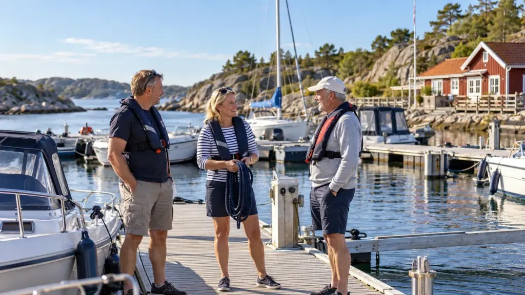 Tre voksne snakker sammen på en brygge ved små motorbåter og en seilbåt