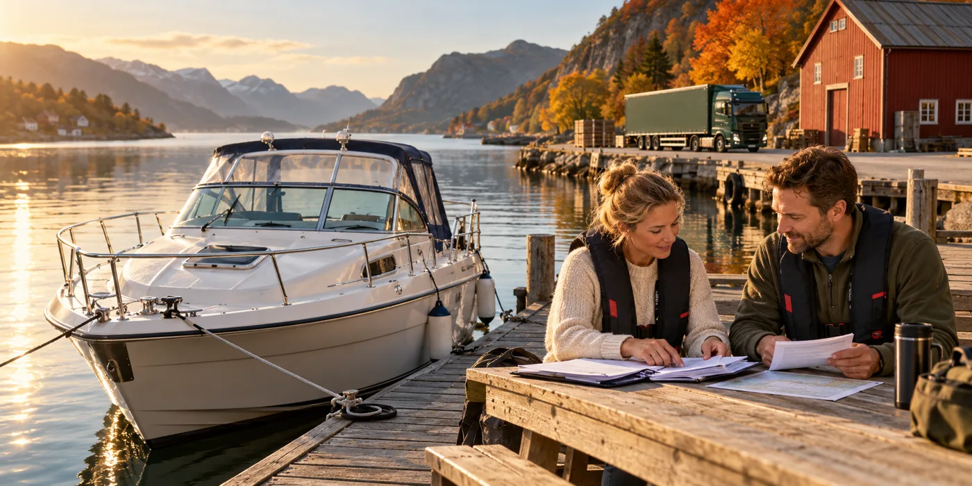 KI-illustrasjon av to båteiere som planlegger transport ved en norsk fjord i varme høstfarger