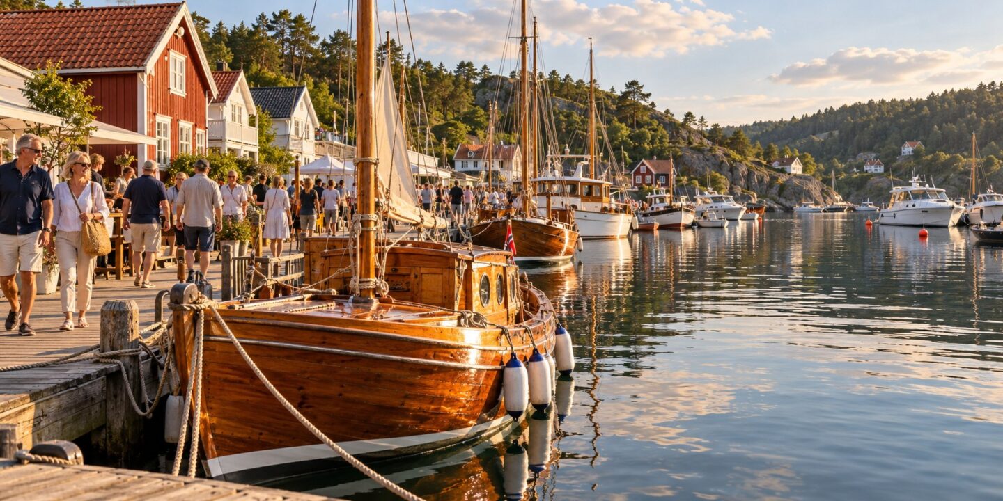 Besøkende på en brygge med tradisjonsbåter og moderne fritidsbåter i en fiktiv norsk kysthavn