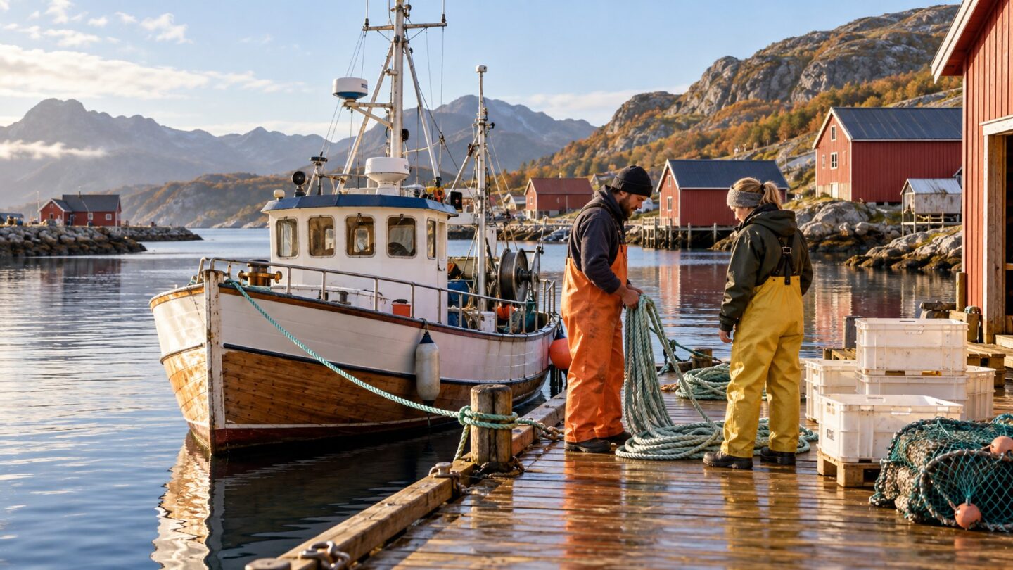 Fiskebåt og to personer ved en norsk kysthavn – ny KI-illustrasjon