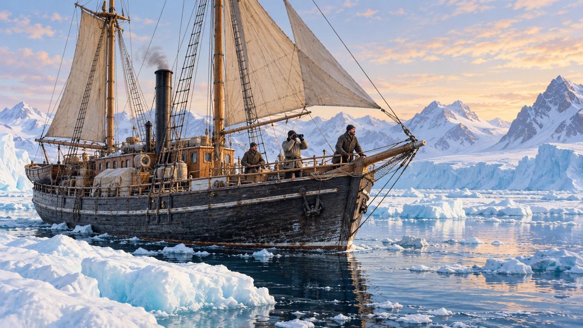 Egen illustrasjon inspirert av et historisk ekspedisjonsskip ved arktisk havis