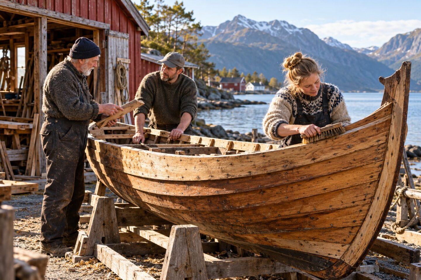 Illustrasjon av frivillige som arbeider med en tradisjonell trebåt på land ved et naust.