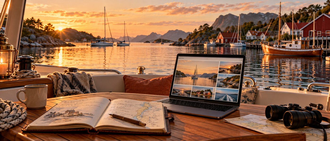 Illustrasjon av loggbok og maritime bilder på en datamaskin i en lun norsk havn