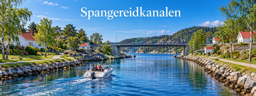 Nyere illustrasjon av en liten kanal gjennom norsk landskap