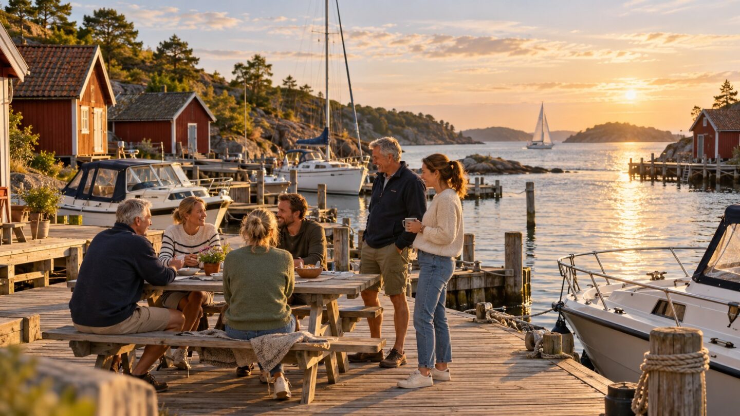 Seks voksne samles rundt et bord på en brygge i en illustrert norsk småbåthavn