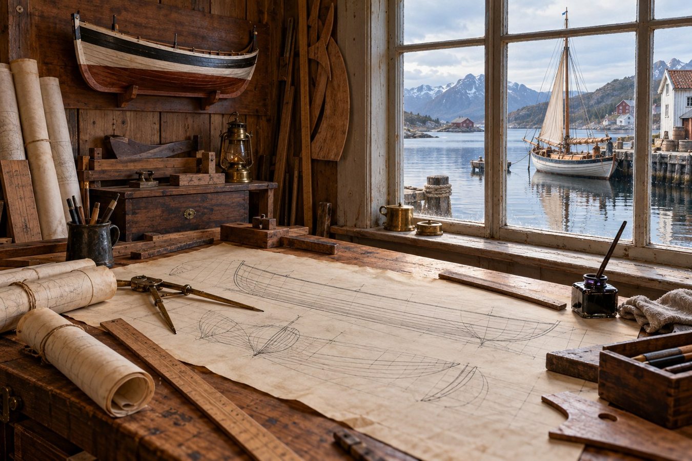 Historisk inspirert tegnebord med halvmodell, passer og båtskisser