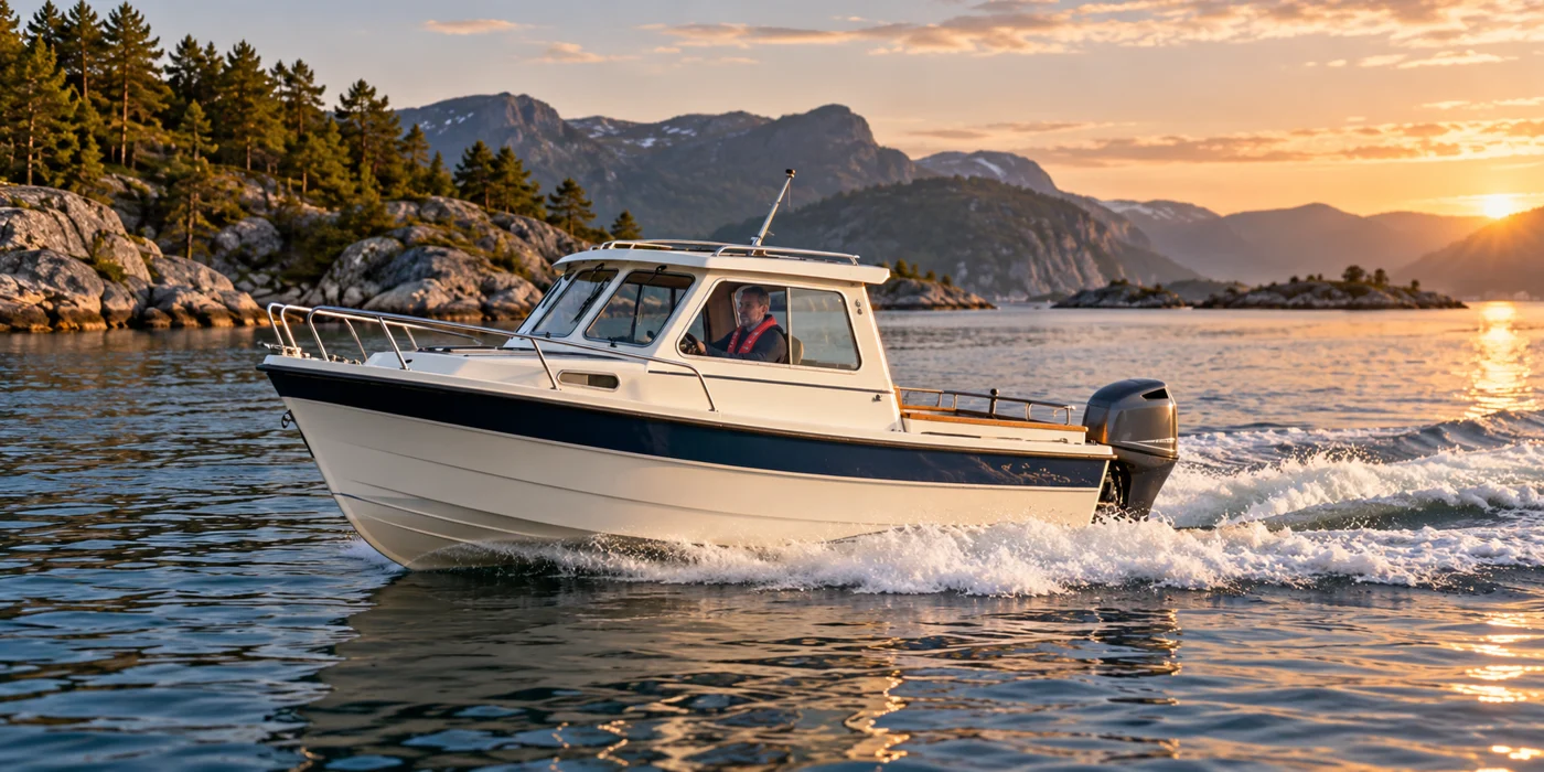 Ny KI-illustrasjon av en motorbåt i fart på en norsk fjord