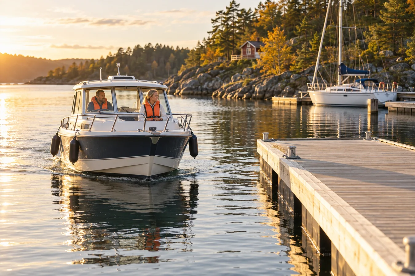 KI-illustrasjon av motorbåt i romslig havneområde ved en brygge