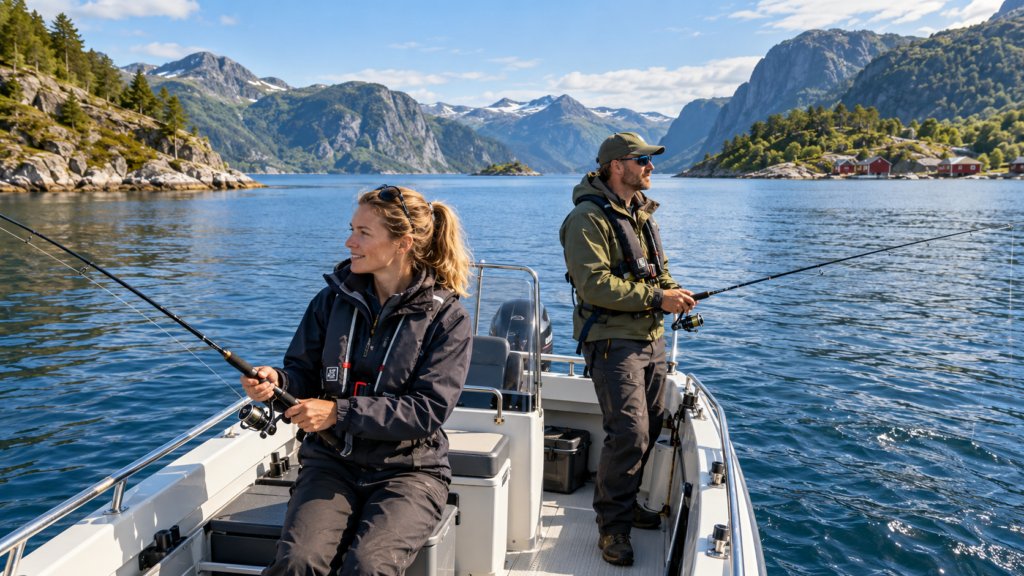 Tidligere illustrasjon av to sportsfiskere med flytevester i en båt på fjorden