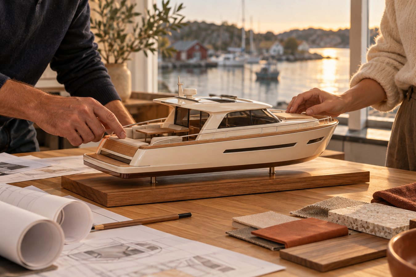 To personer undersøker en motorbåtmodell og materialprøver på et arbeidsbord