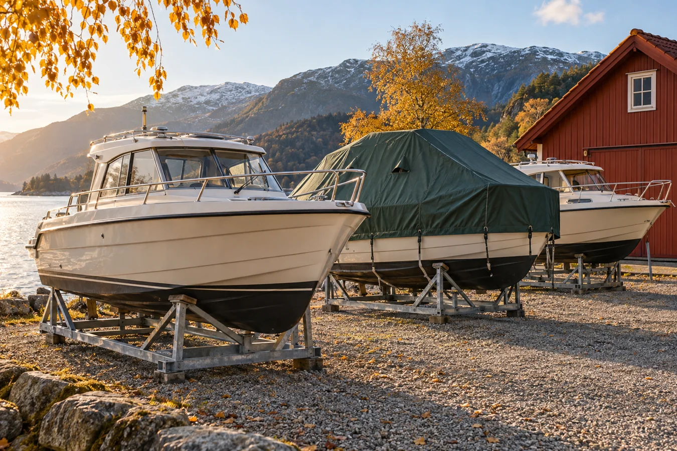 KI-illustrasjon av båter i vinteropplag ved en norsk fjord