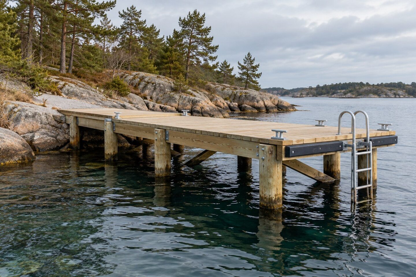 Fast trebrygge ved svaberg med fortøyningsfester og stige