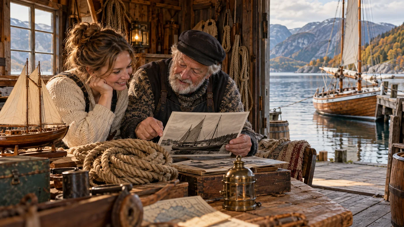 Ny KI-illustrasjon av en besøkende og en eldre frivillig som utforsker sjøfartshistorie i et norsk naust