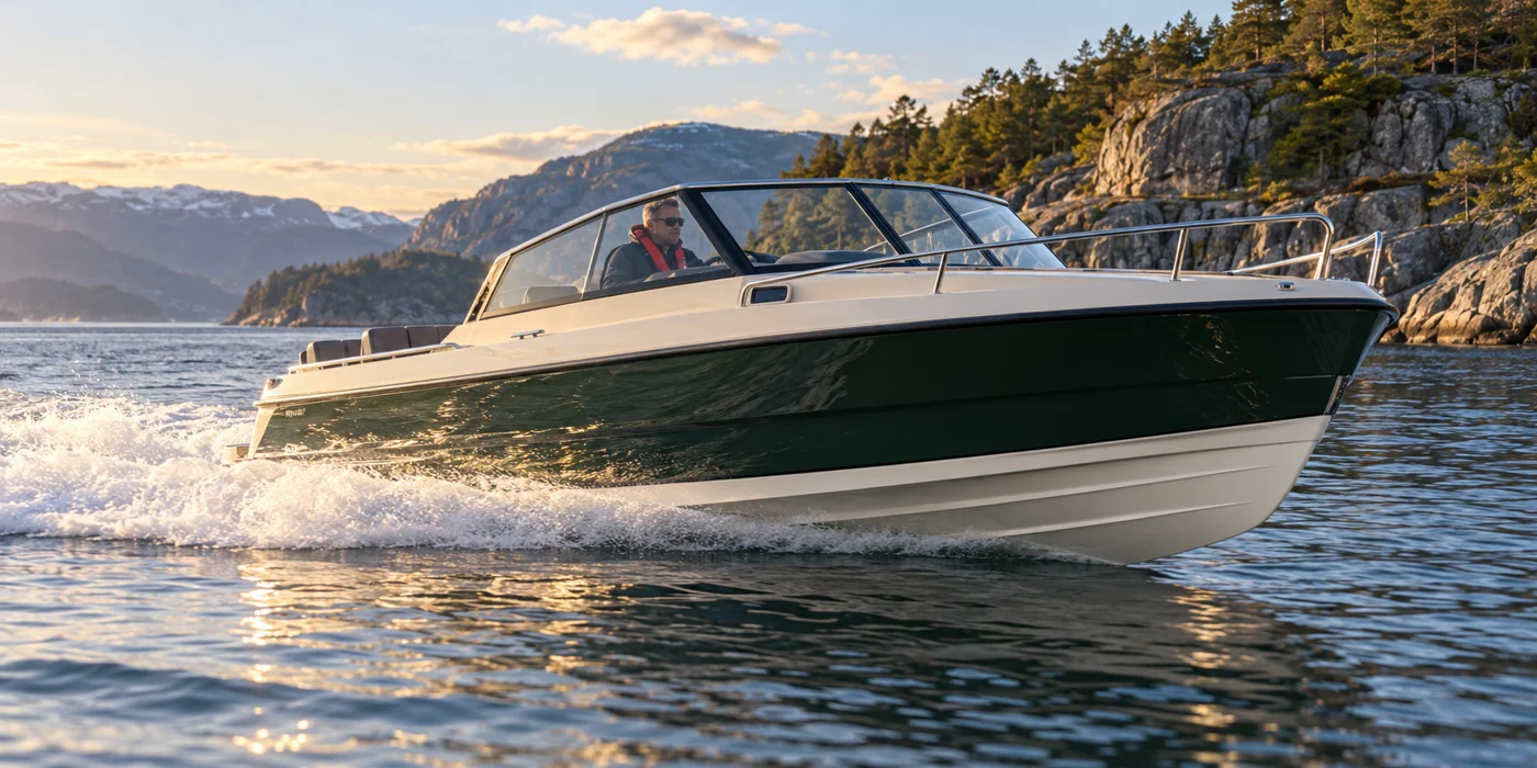 Ny KI-illustrasjon av en planende motorbåt på en norsk fjord