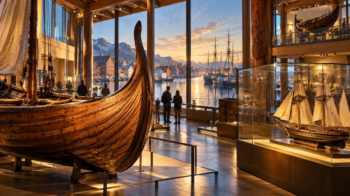 Egen illustrasjon av et tenkt maritimt museum med trebåt, skipsmodell og utsikt mot en nordisk havn