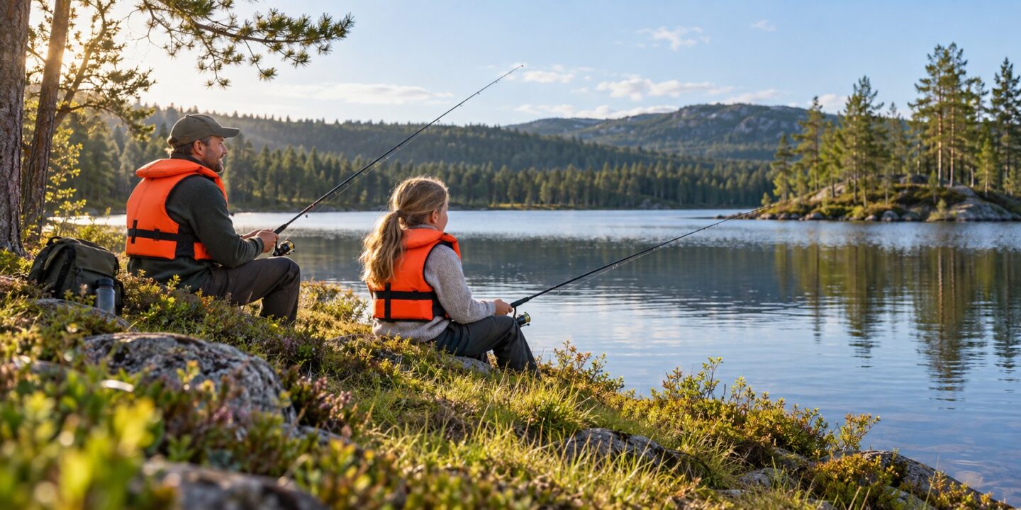 Voksen og barn med flytevester fisker ved et skogsvann – tidligere KI-illustrasjon