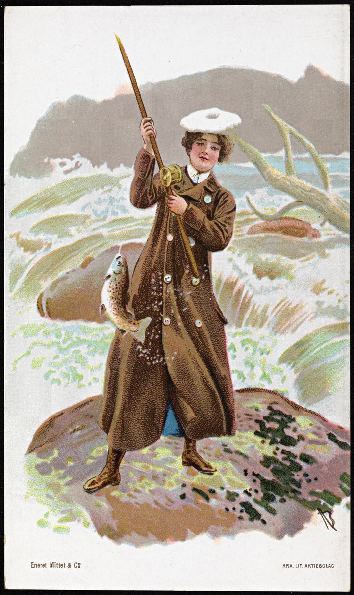 Historisk postkort av en kvinne med fiskestang, tegnet av Andreas Bloch omkring 1900