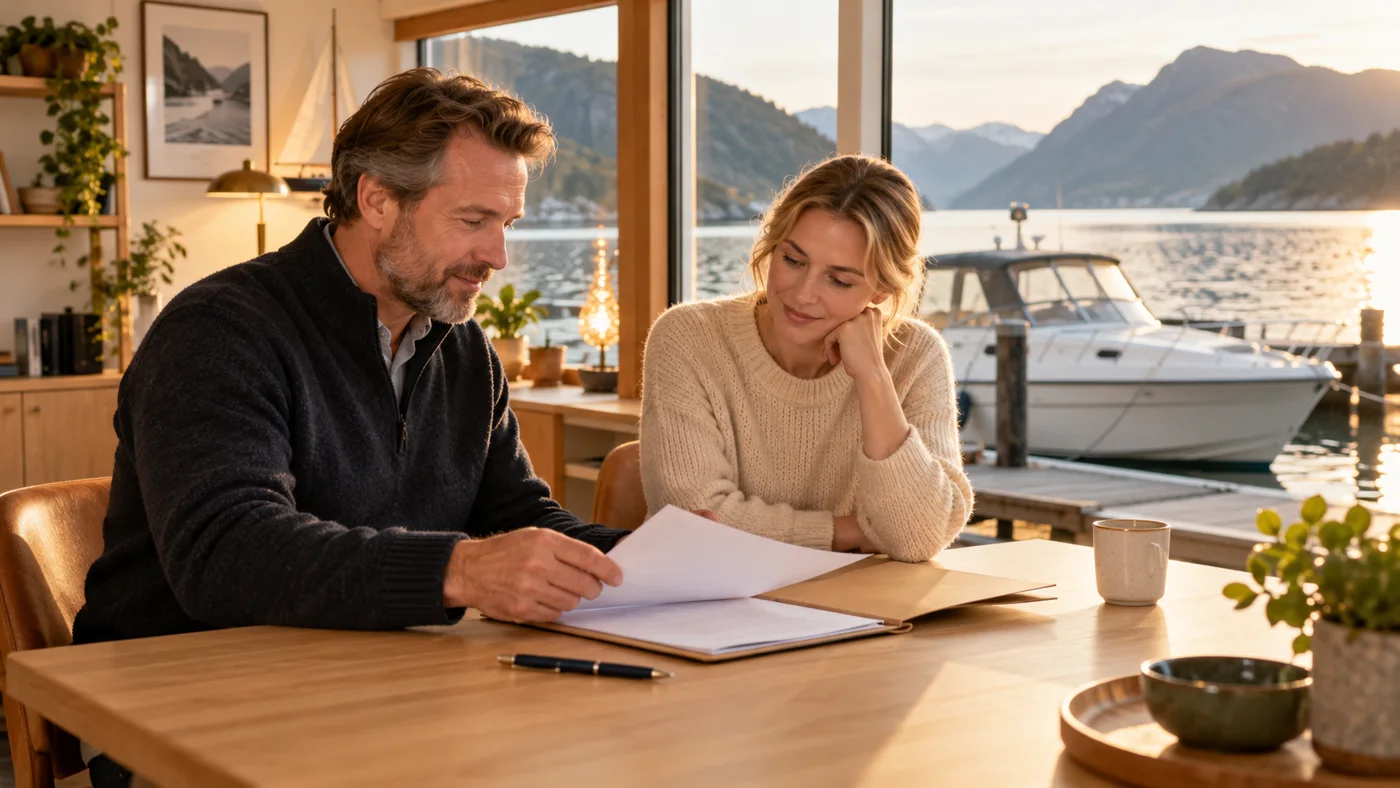 KI-illustrasjon av kjøper og selger som gjennomgår en mappe ved et bord med utsikt over en marina