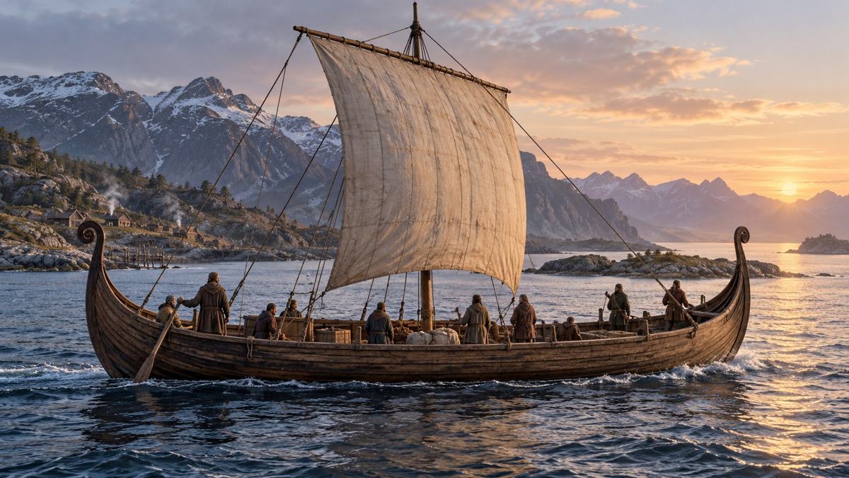 Egen illustrasjon inspirert av et nordisk seilskip fra vikingtiden ved en skandinavisk kyst