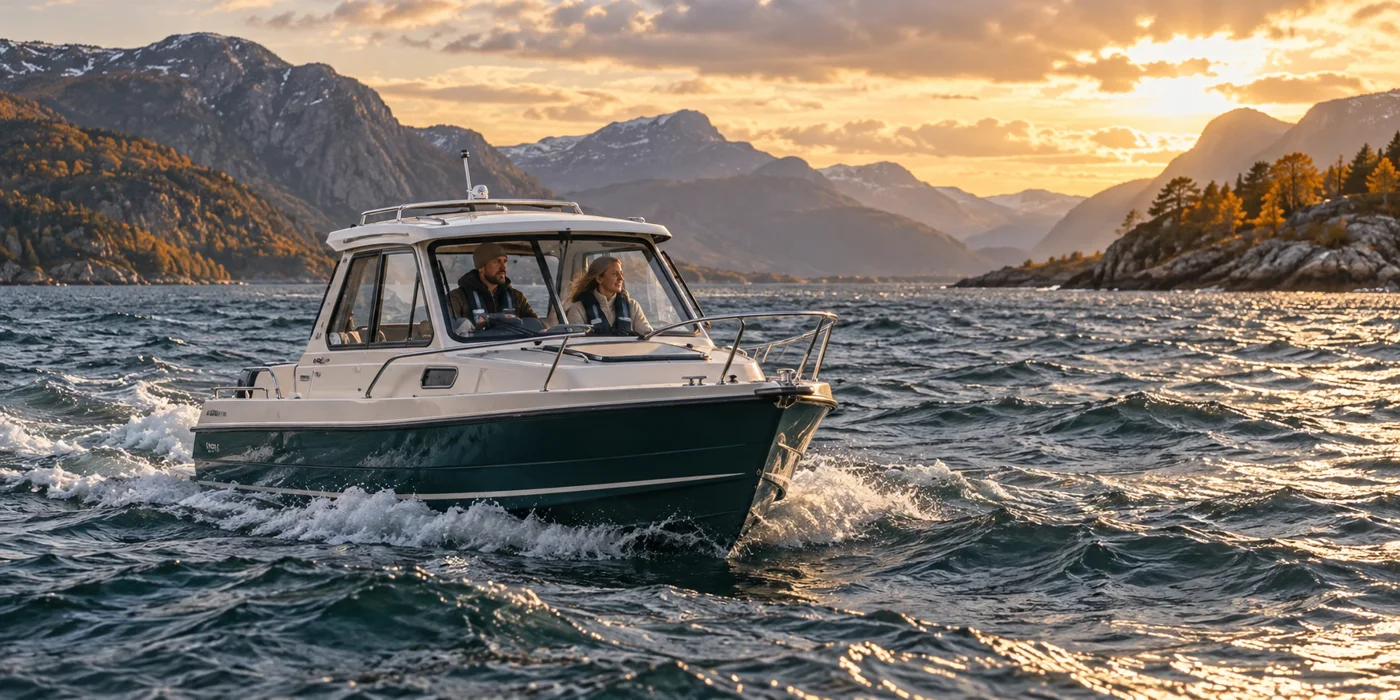KI-illustrasjon av en kabinbåt med to voksne i bølger ved en norsk fjord