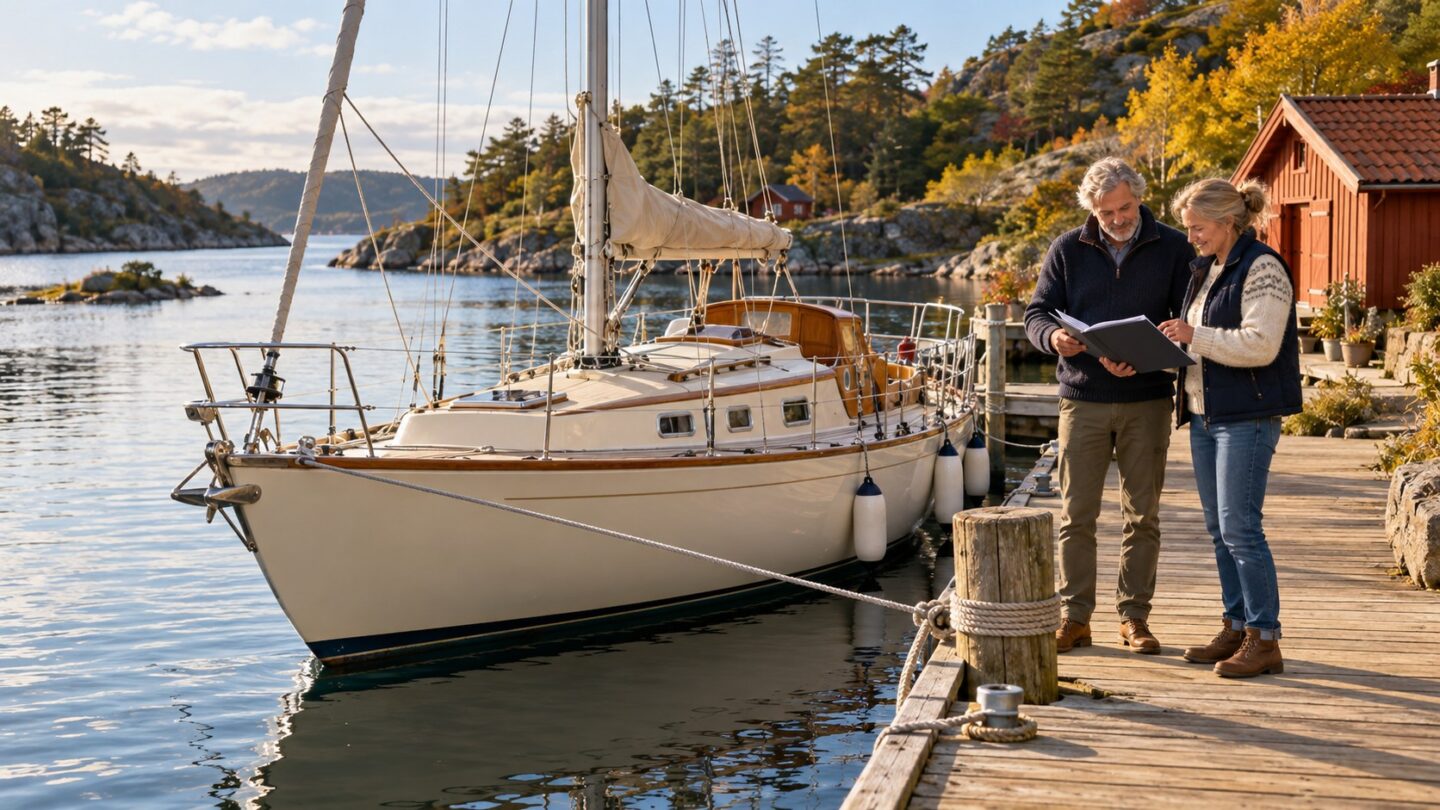 Seilbåteiere gjennomgår en vedlikeholdsmappe ved en norsk brygge – ny KI-illustrasjon