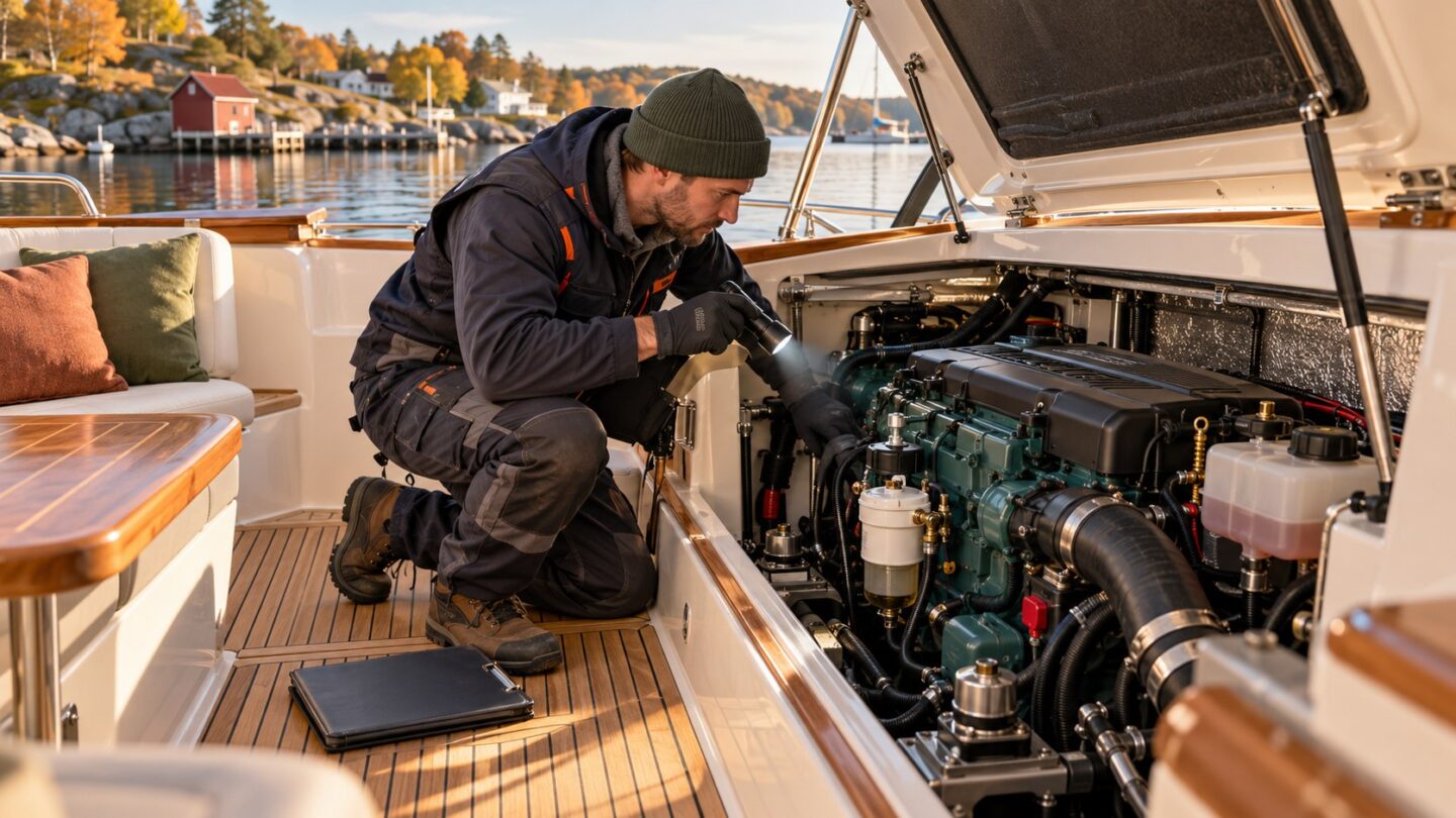 Teknisk gjennomgang av et tilgjengelig motorrom på en motorbåt