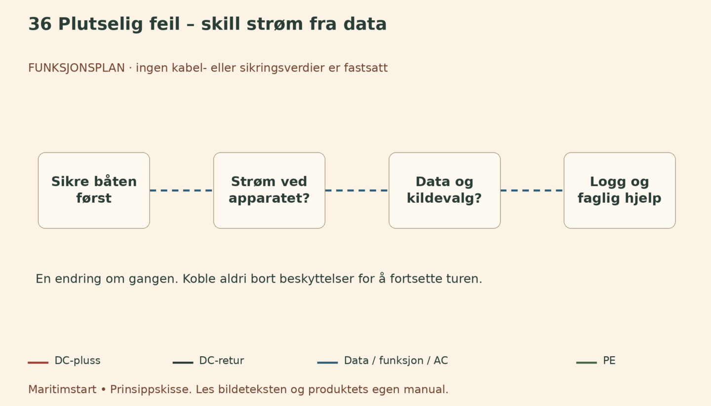 Plutselig feil – skill strøm fra data – norsk prinsippskisse