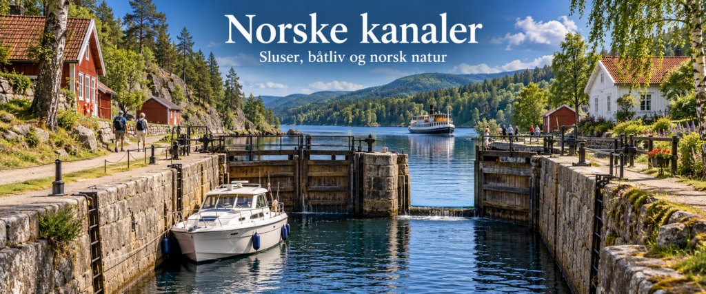 Nyere illustrasjon av norsk kanallandskap med båt og sluse