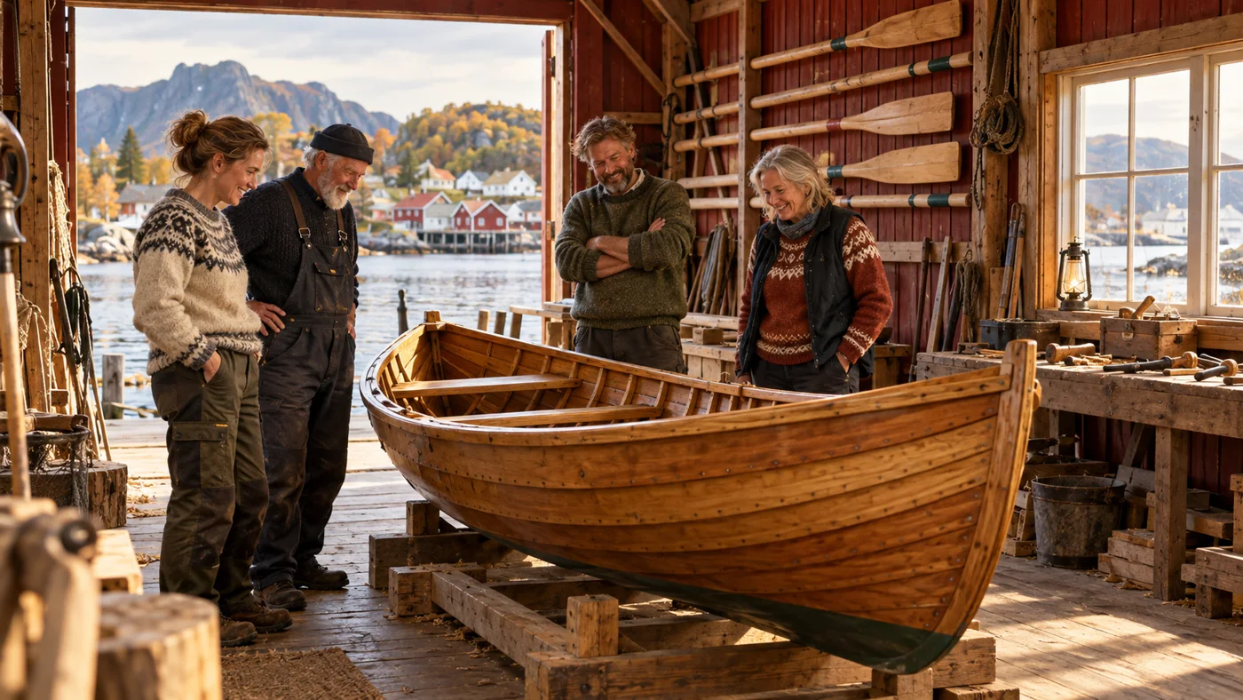 KI-illustrasjon av voksne frivillige rundt en tradisjonell trebåt i et varmt norsk naustmiljø