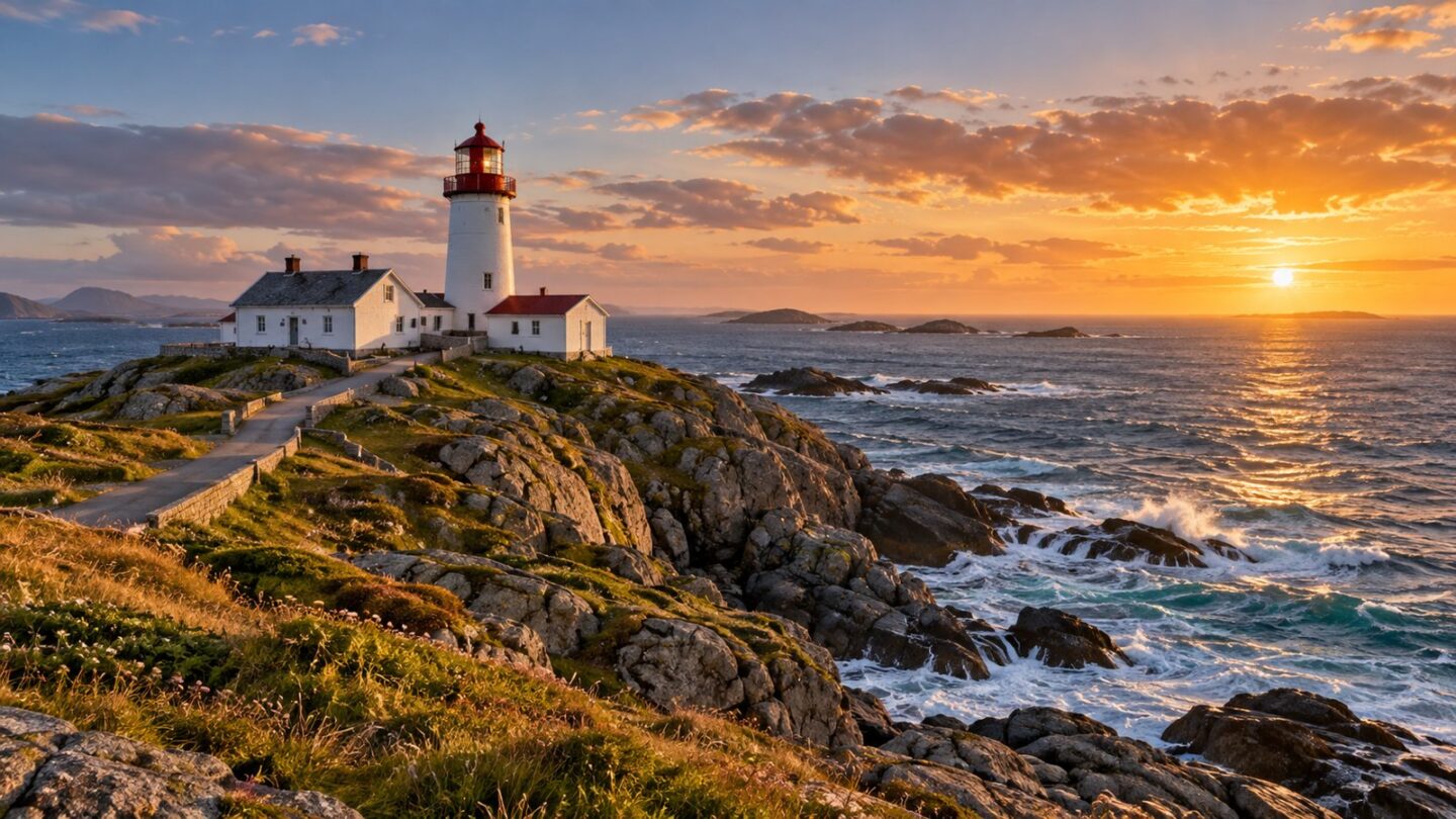 Tidligere KI-illustrasjon fra Maritimstart av et fyrmiljø på en kystodde ved solnedgang.