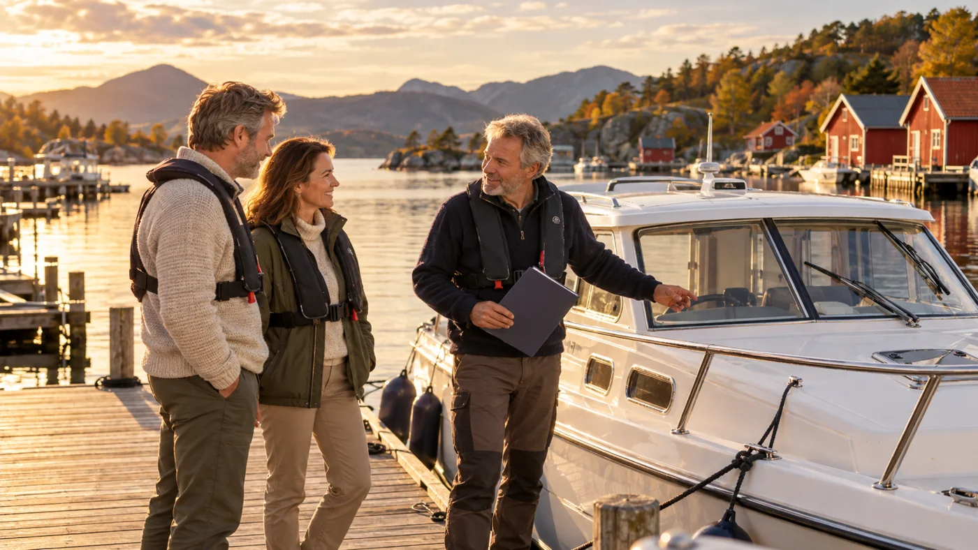 KI-illustrasjon av voksne kjøpere og en båteier som diskuterer en fritidsbåt ved en norsk marina