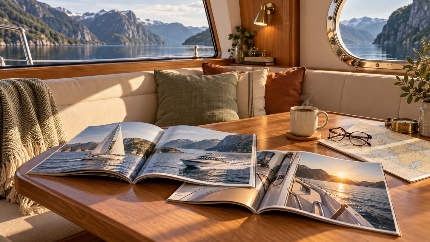 Illustrert lesekrok i en båtkabin med maritime magasiner og utsikt mot en fjord