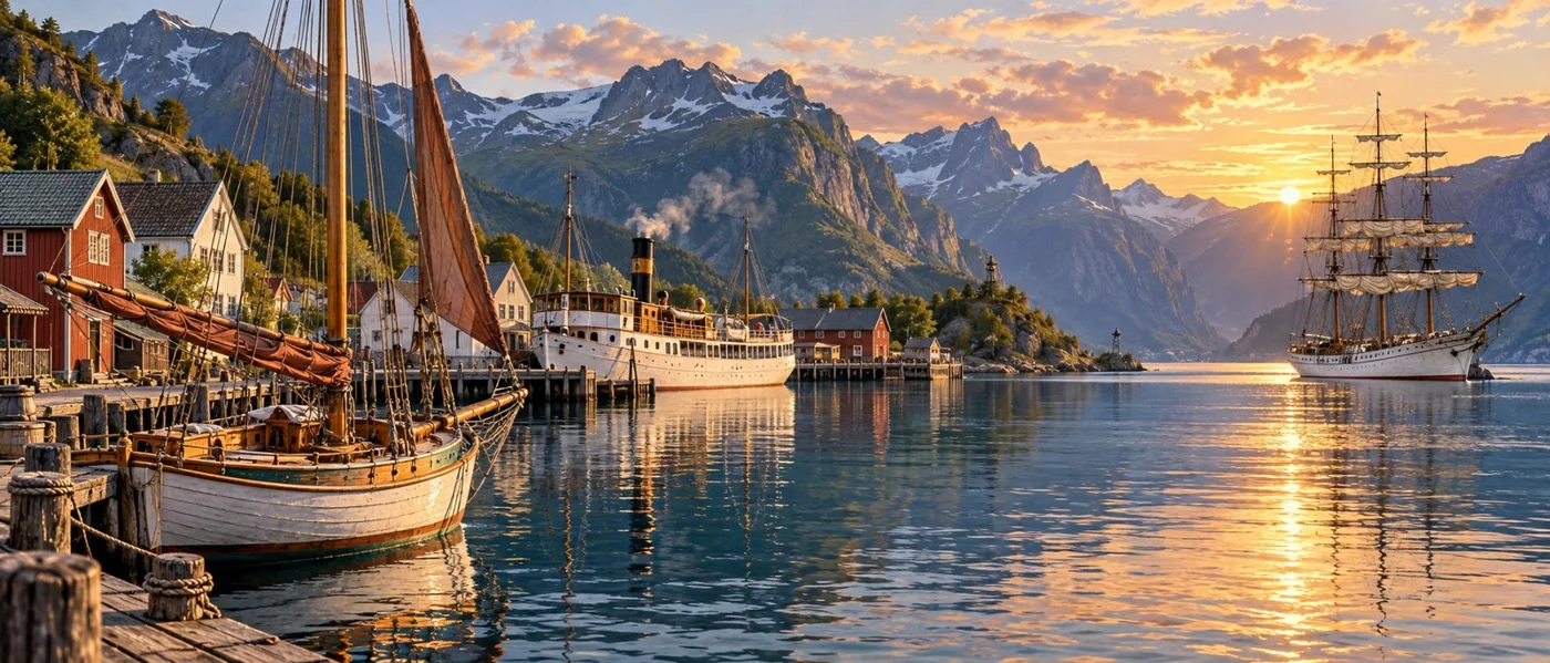 Illustrert norsk fjordhavn med tradisjonell seilskute, fjordabåt og treskøyte