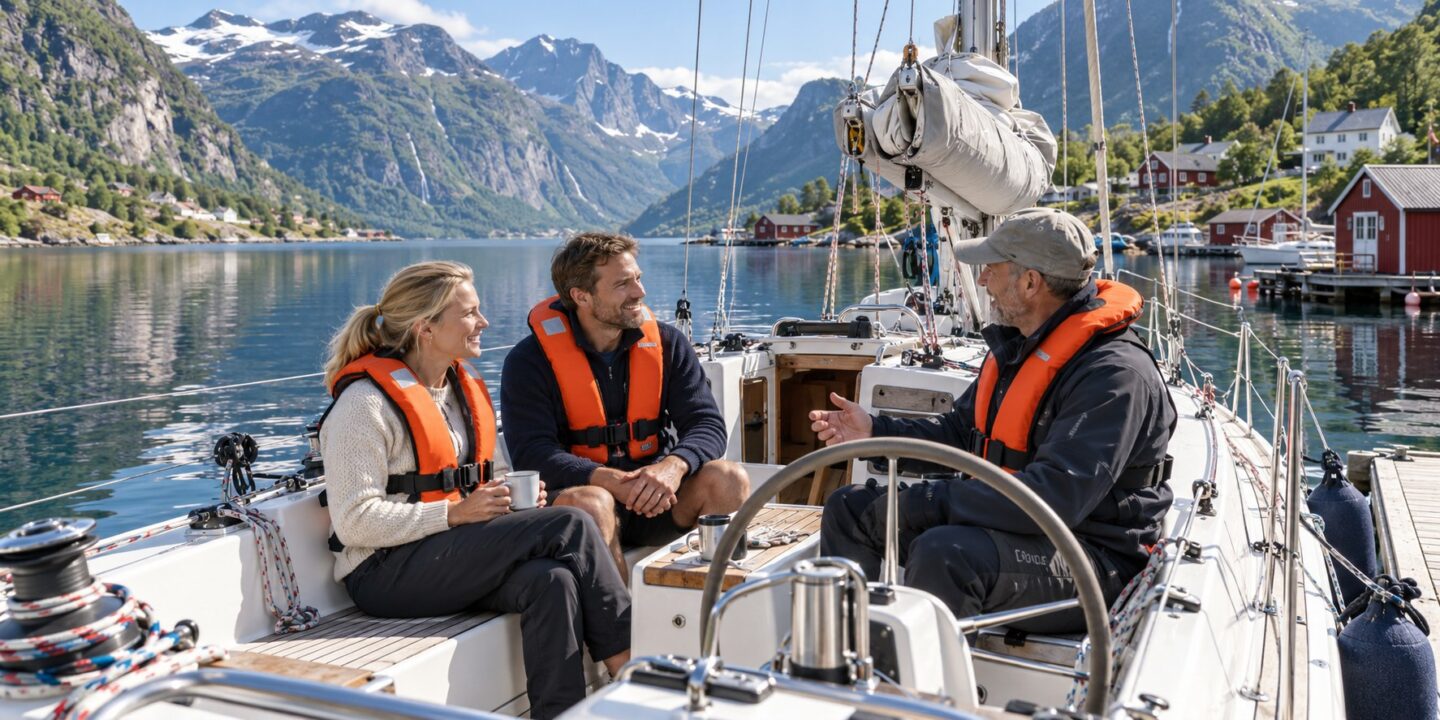 Gjester og skipper samtaler i cockpit på en fortøyd seilbåt i et fjordlandskap