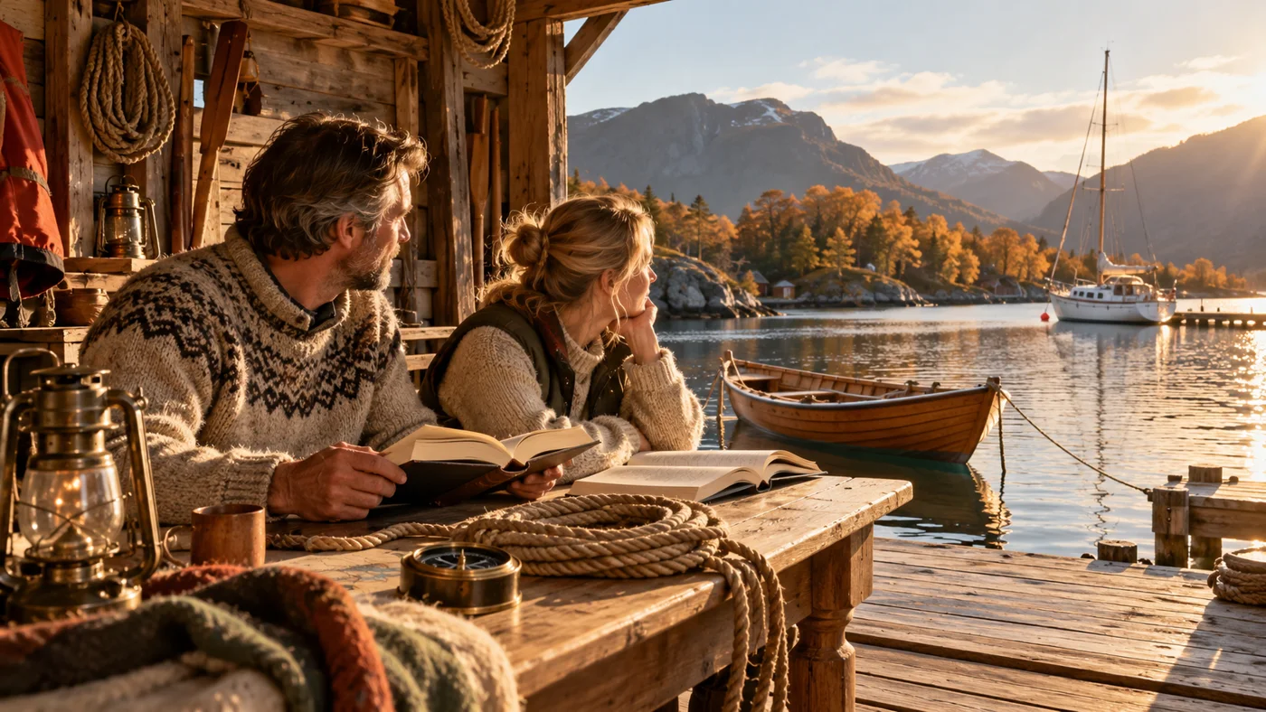 KI-illustrasjon av to voksne som studerer maritime bøker i et varmt naust, med tauverk og båter ved en norsk fjord