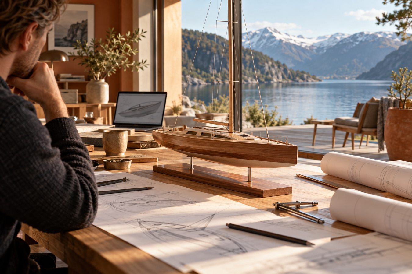 Seilbåtmodell, skisser og digitalt arbeid i et varmt belyst båtdesignstudio