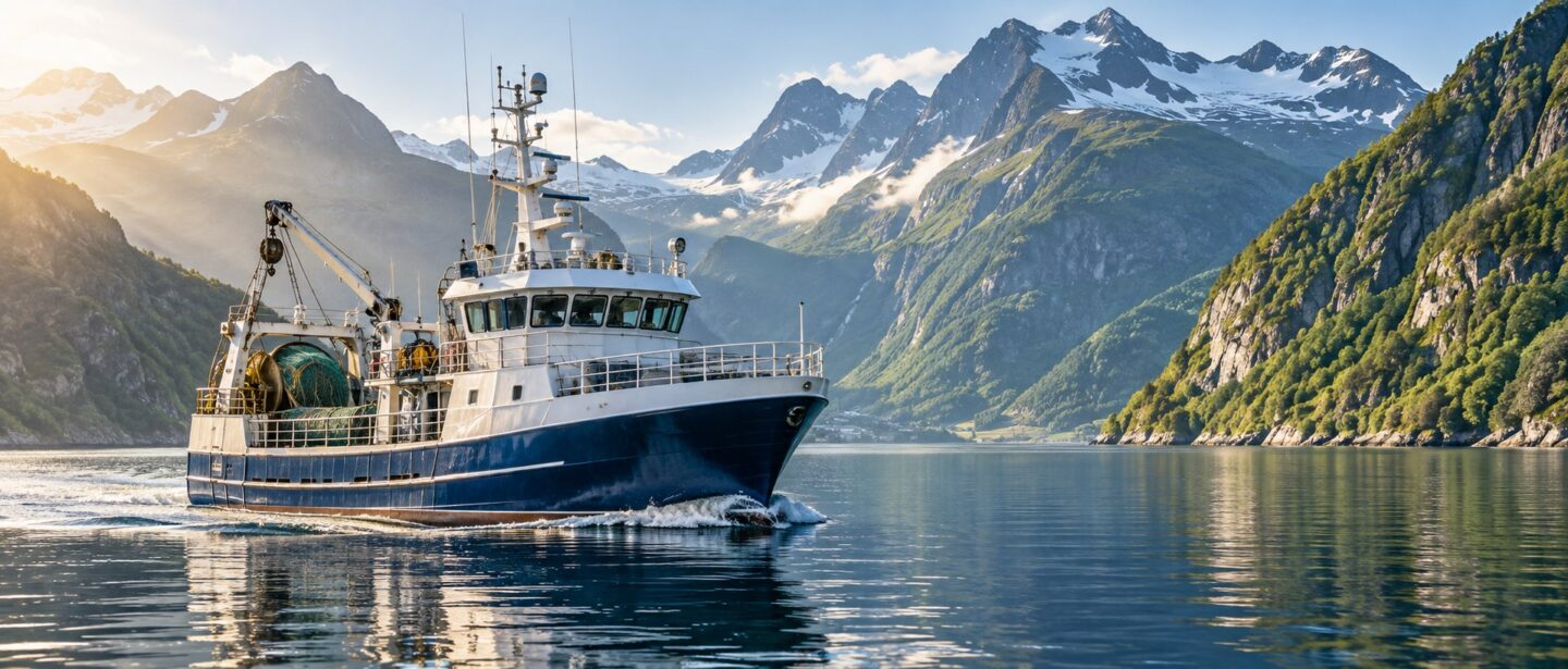Fiskefartøy i en norsk fjord – tidligere KI-illustrasjon fra Maritimstart